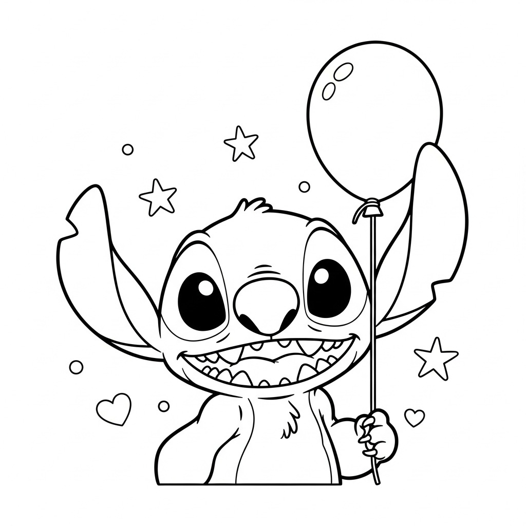 Desenho de Stitch para colorir segurando um balão, com estrelinhas e corações decorativos.