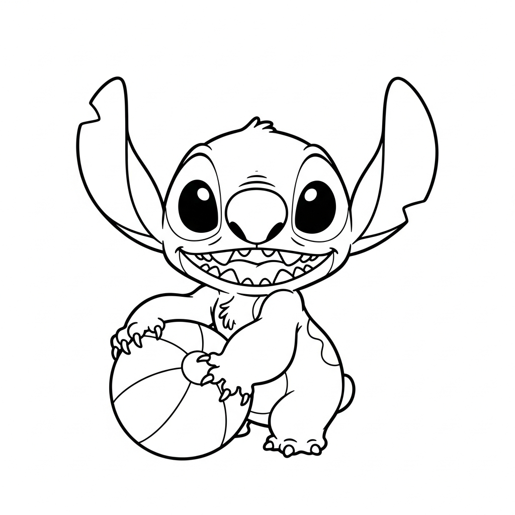 Desenho de Stitch para colorir brincando alegremente com uma bola de praia