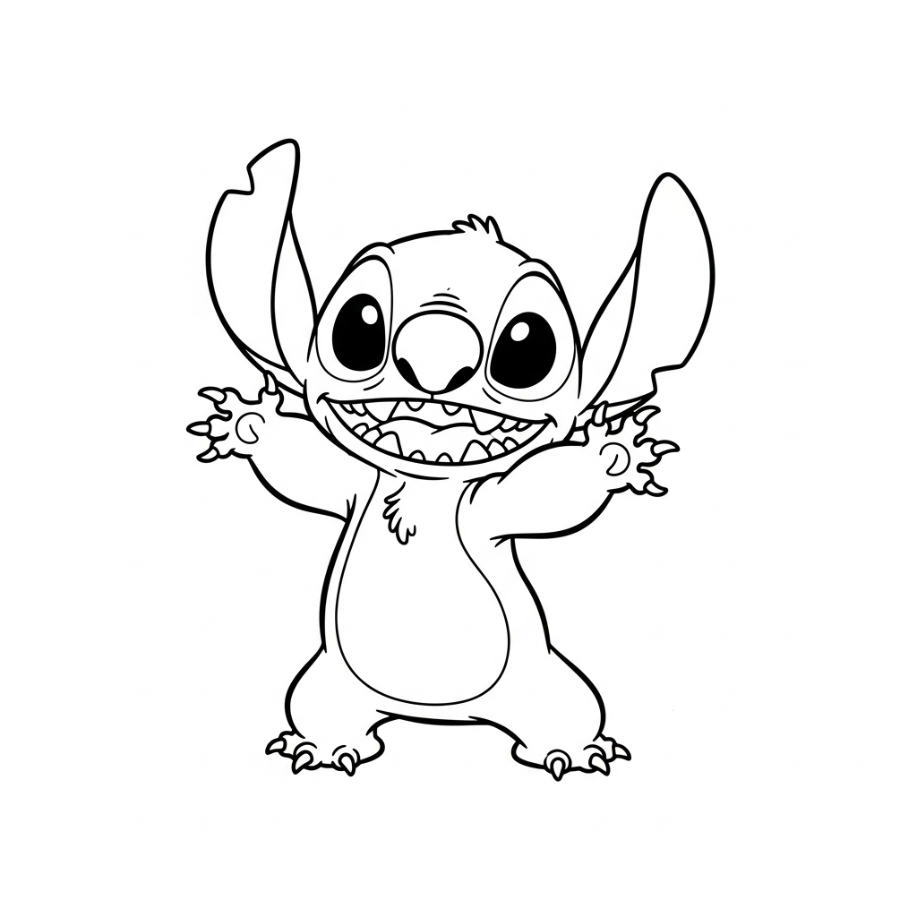 Desenho de Stitch para colorir dançando alegremente com os braços para cima