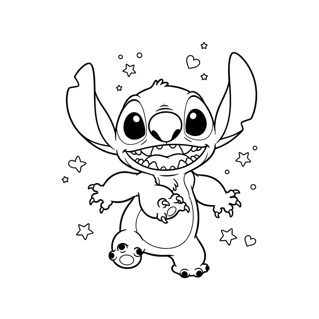 Desenho de Stitch para colorir correndo alegremente entre estrelinhas e corações decorativos.