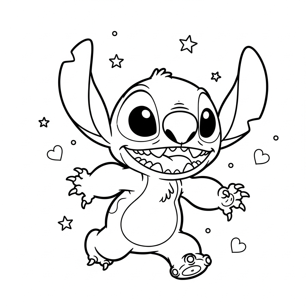 Desenho de Stitch para colorir correndo alegremente entre estrelinhas e corações decorativos.