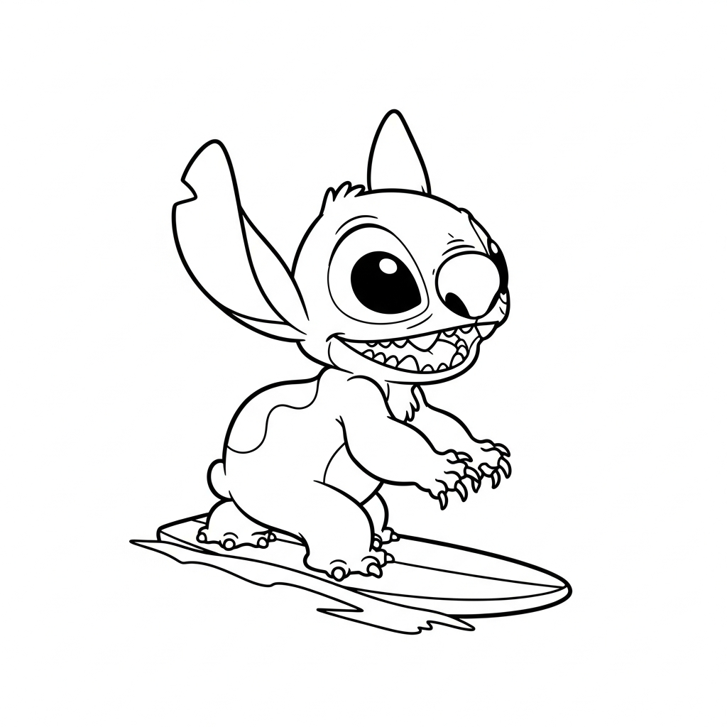 Desenho de Stitch para colorir surfando em uma grande onda divertida