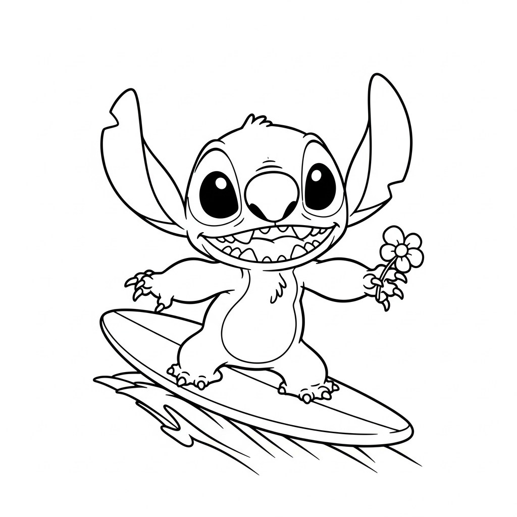 Desenho de Stitch para colorir surfando em uma onda com conchinha.