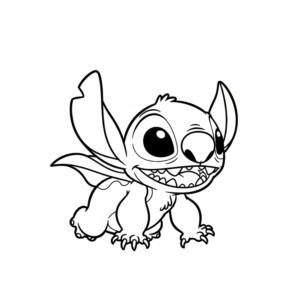 Desenho de Stitch para colorir voando com asinhas em pose divertida