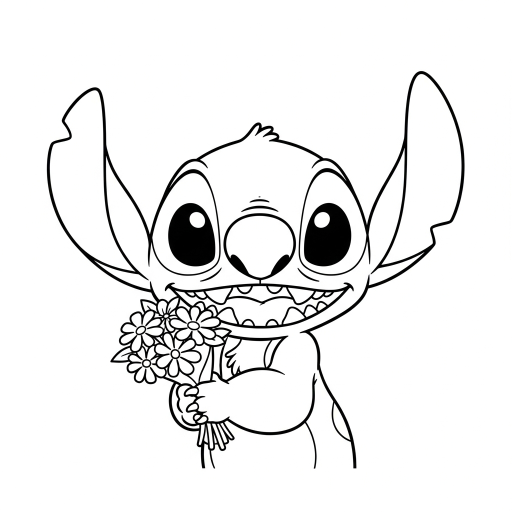 Desenho de Stitch para colorir segurando um buquê de flores delicado