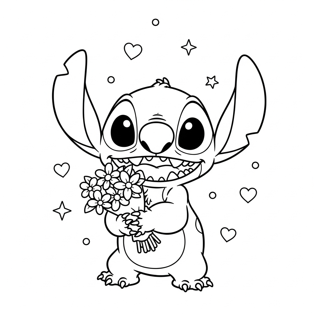 Desenho de Stitch para colorir segurando buquê de flores entre estrelinhas e corações