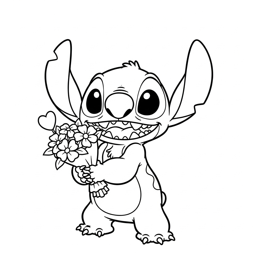Desenho de Stitch para colorir segurando buquê de flores com pequena estrela.