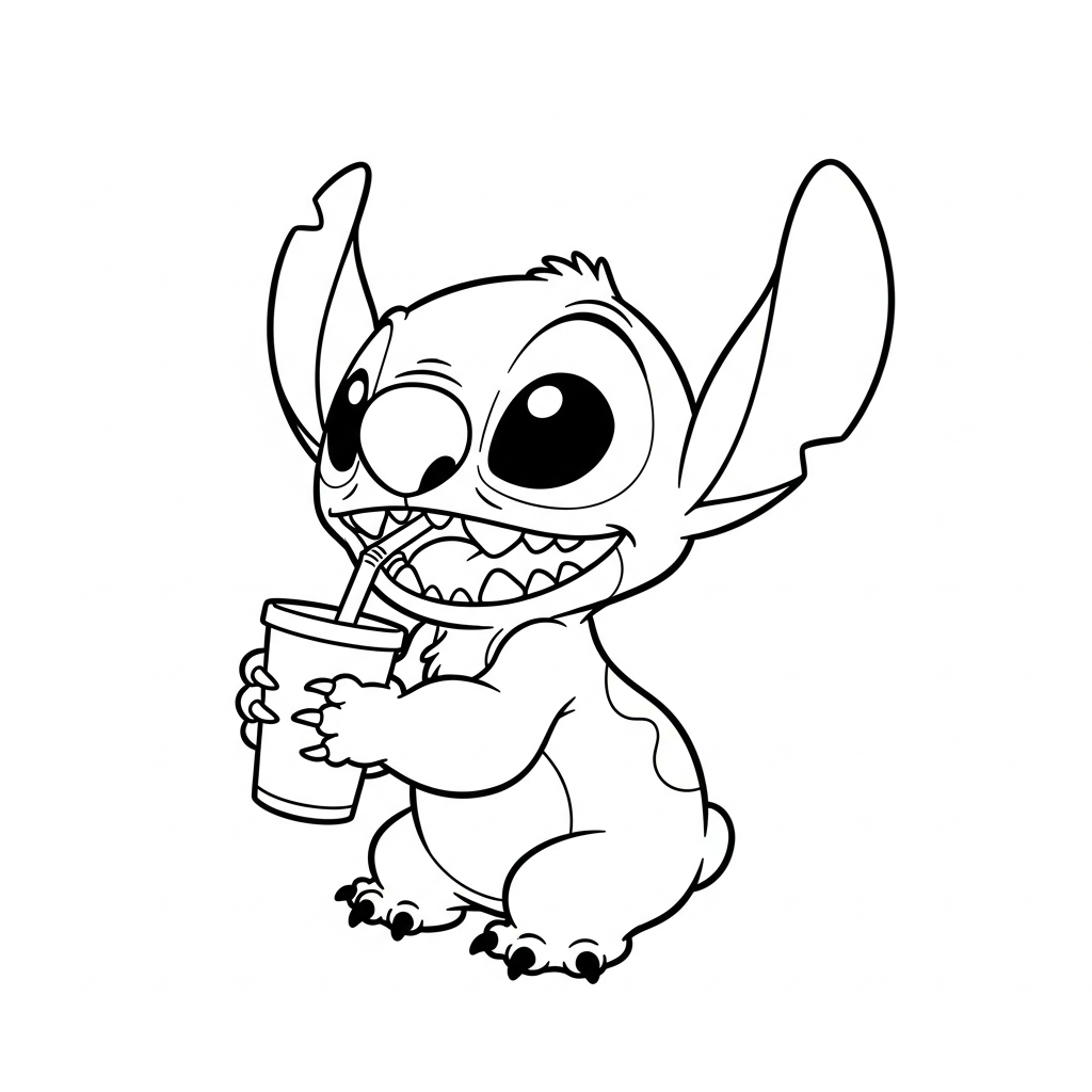 Desenho de Stitch para colorir bebendo em copo com canudo.