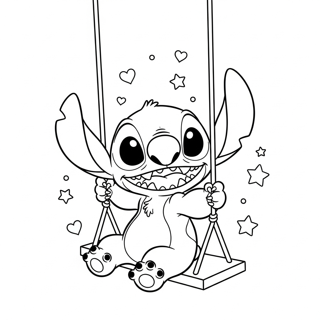 Desenho de Stitch para colorir sentado em balanço com estrelinhas e corações decorativos.