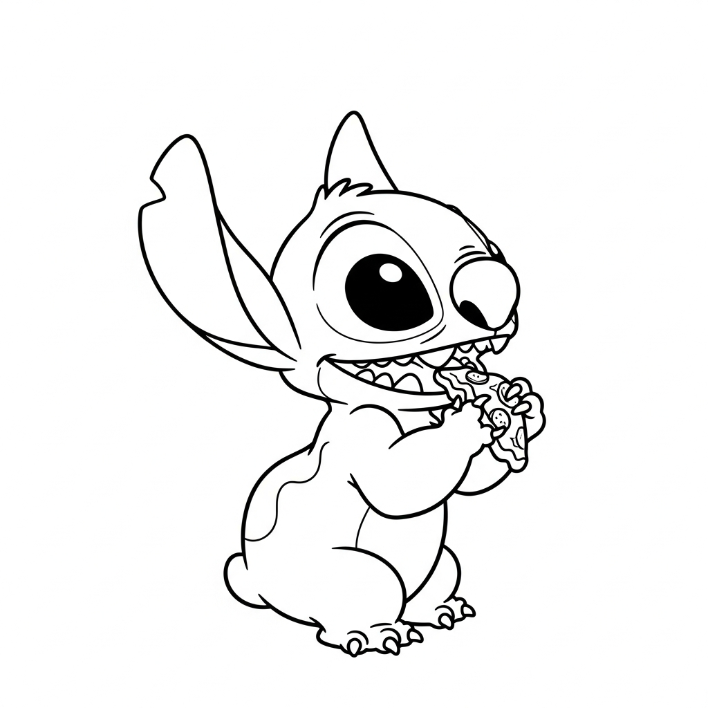 Desenho de Stitch para colorir comendo fatia de pizza ao lado de um copo