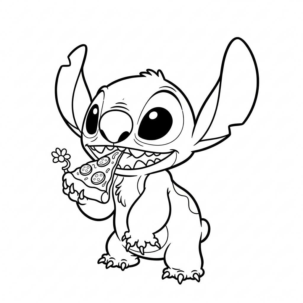 Desenho de Stitch para colorir comendo fatia de pizza ao lado de uma estrela.