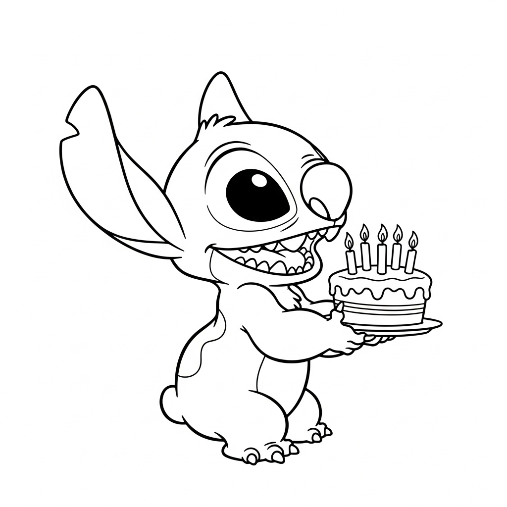 Desenho de Stitch para colorir segurando bolo de aniversário com velas