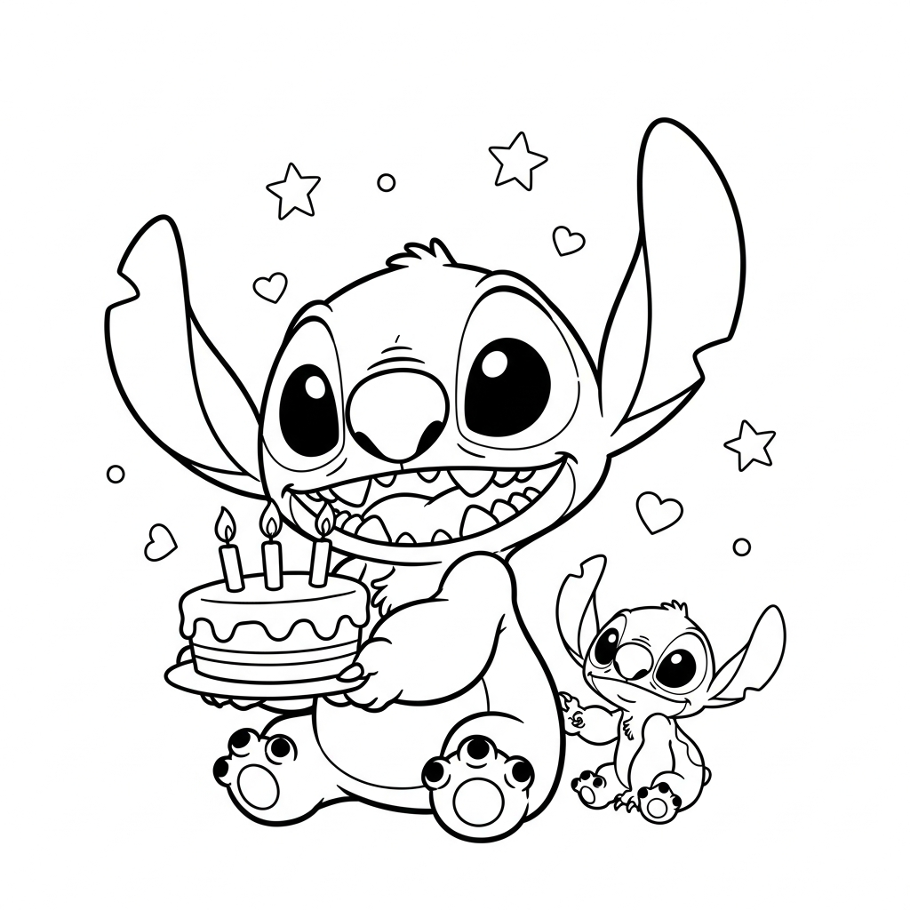 Desenho de Stitch para colorir segurando bolo de aniversário com velas, estrelinhas e corações.