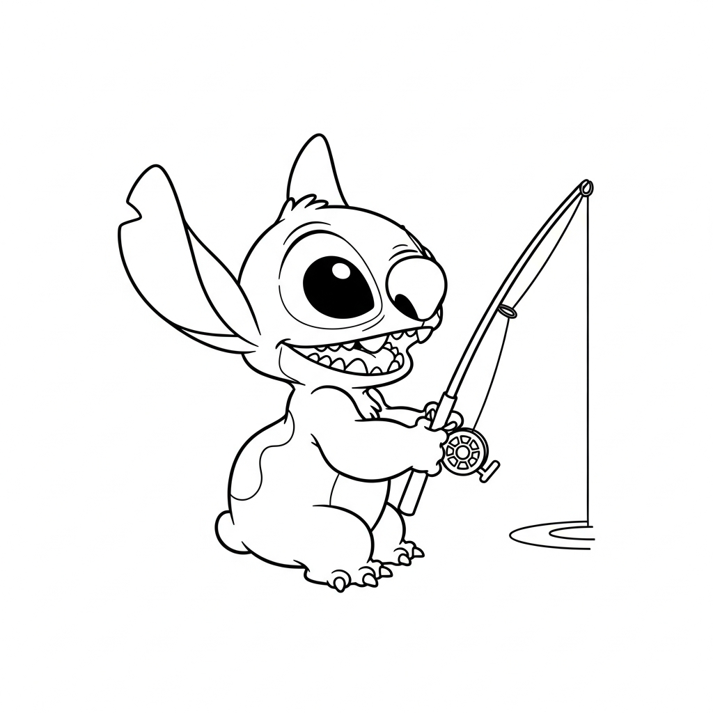 Desenho de Stitch para colorir pescando com vara e expressão divertida