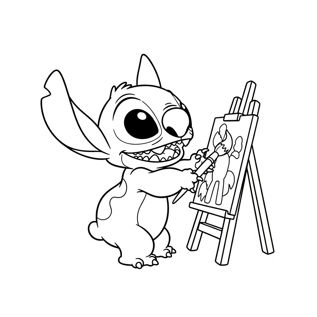 Desenho de Stitch para colorir pintando alegremente em um cavalete