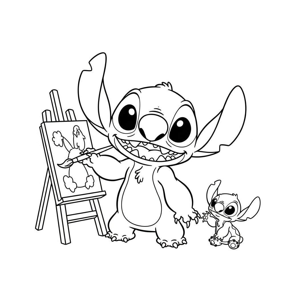 Desenho de Stitch para colorir pintando alegremente em um cavalete