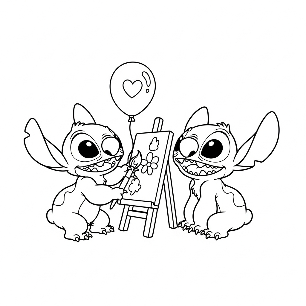 Desenho de Stitch para colorir pintando em cavalete com um pincel pequeno