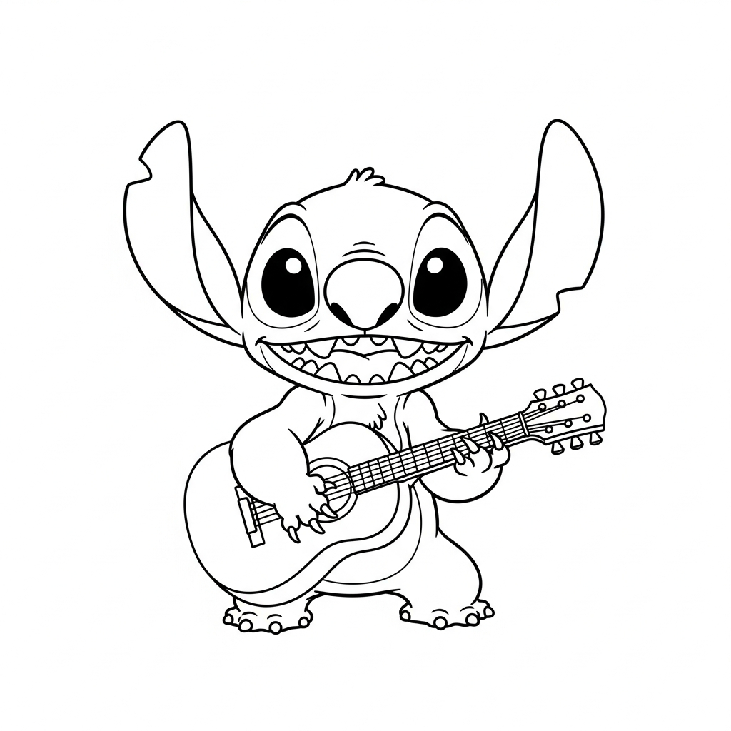 Desenho de Stitch para colorir tocando violão com expressão alegre.