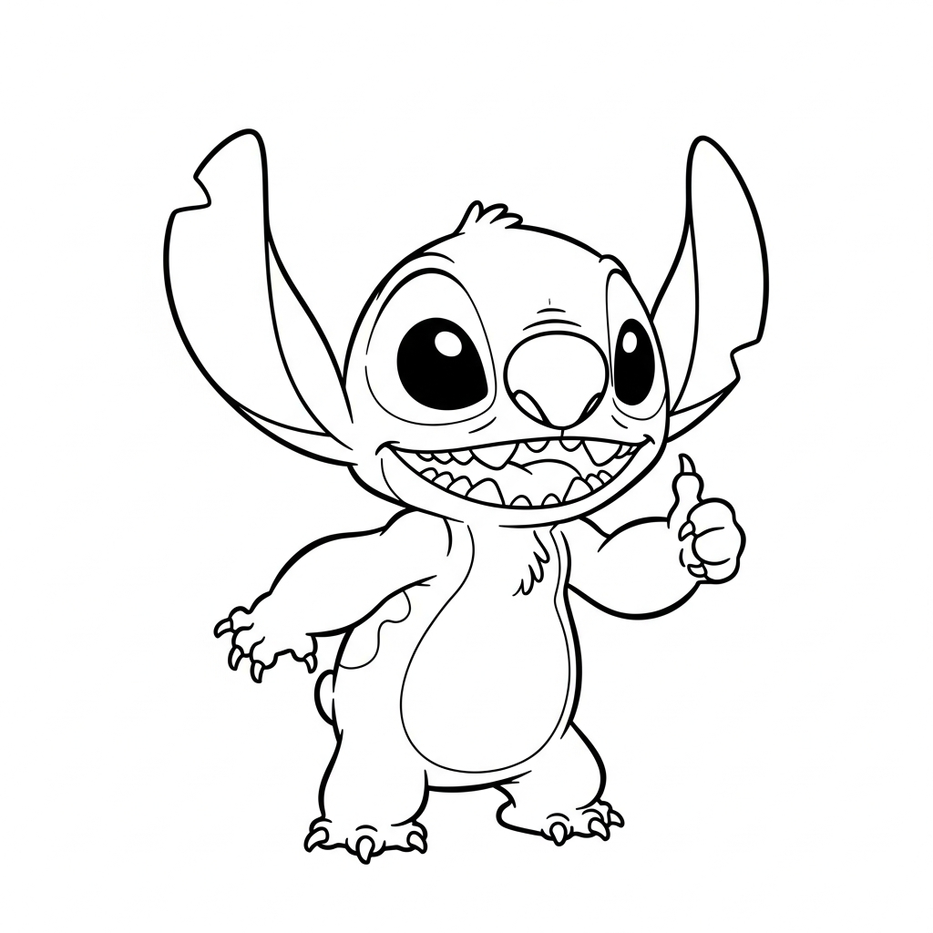 Desenho de Stitch para colorir piscando o olho com joinha ao lado de uma flor.