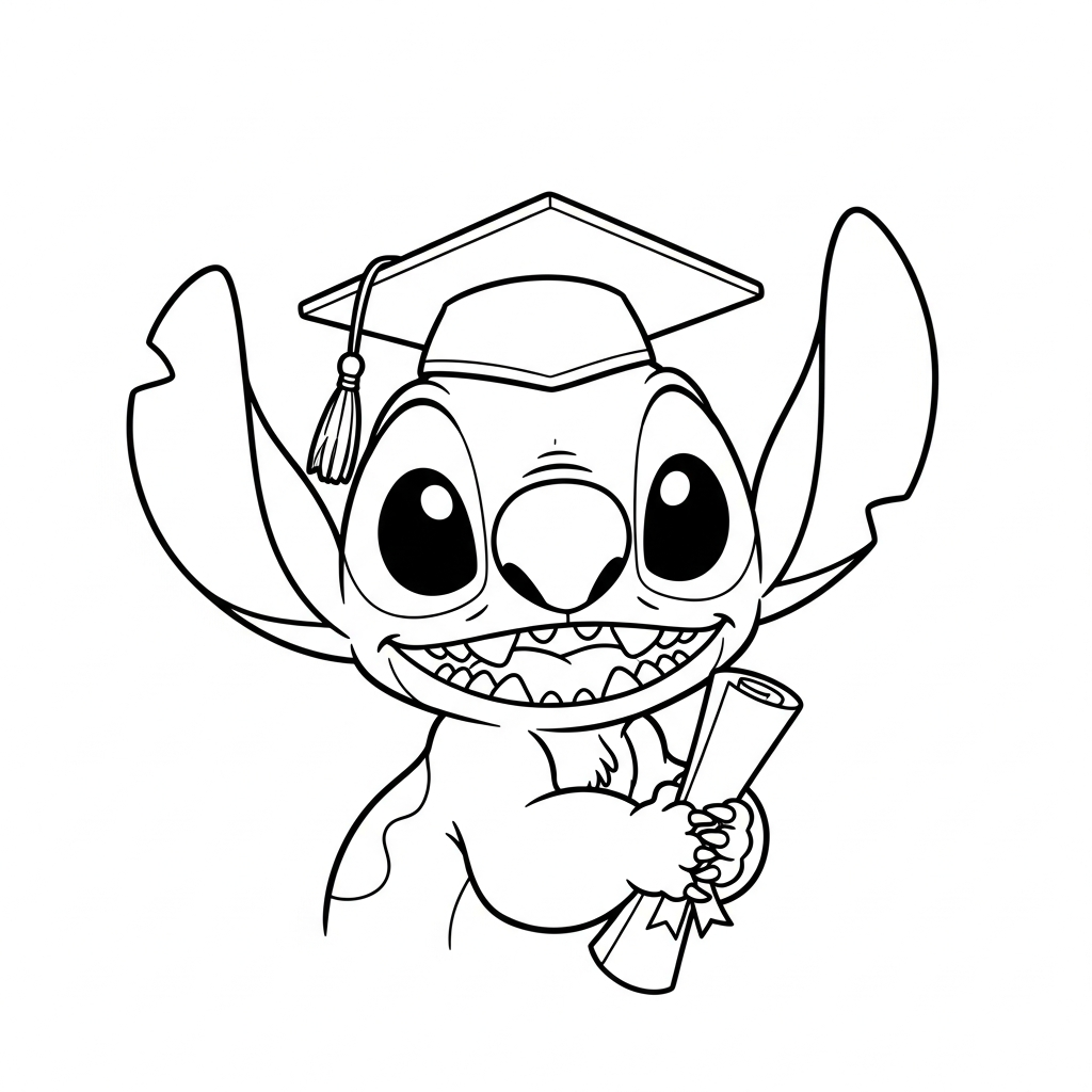 Desenho de Stitch para colorir usando capelo de formatura sorridente