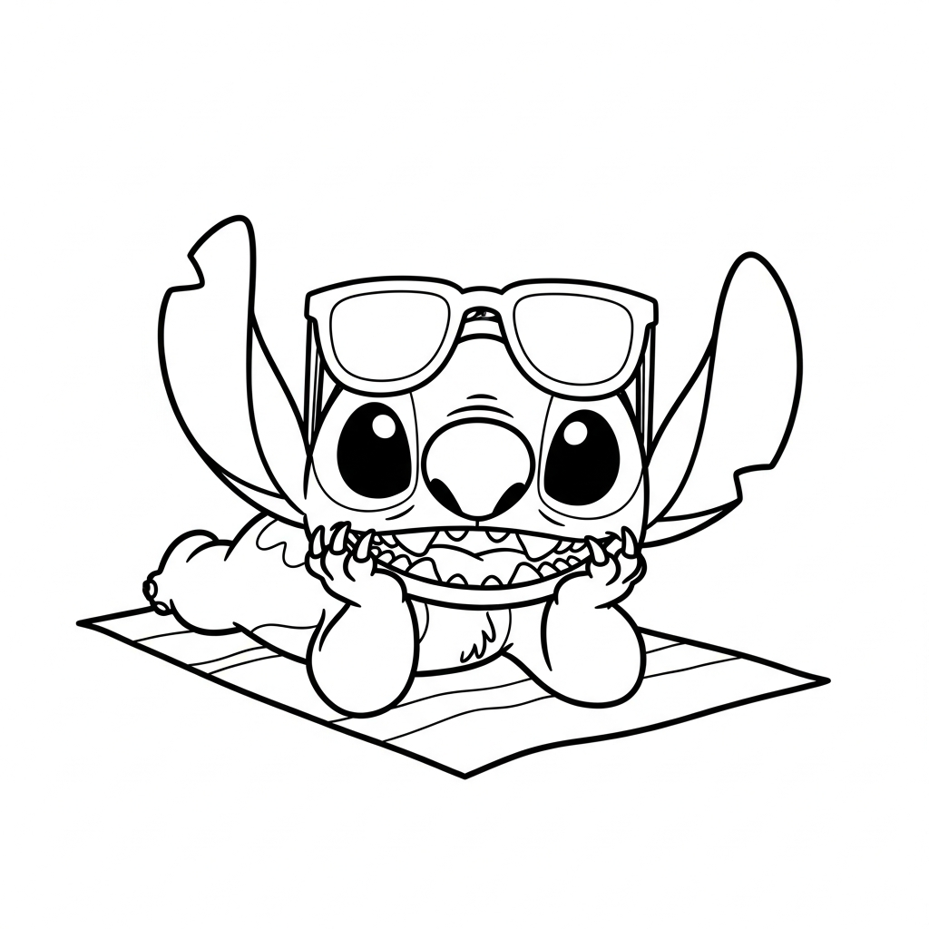 Desenho de Stitch para colorir usando óculos de sol na praia