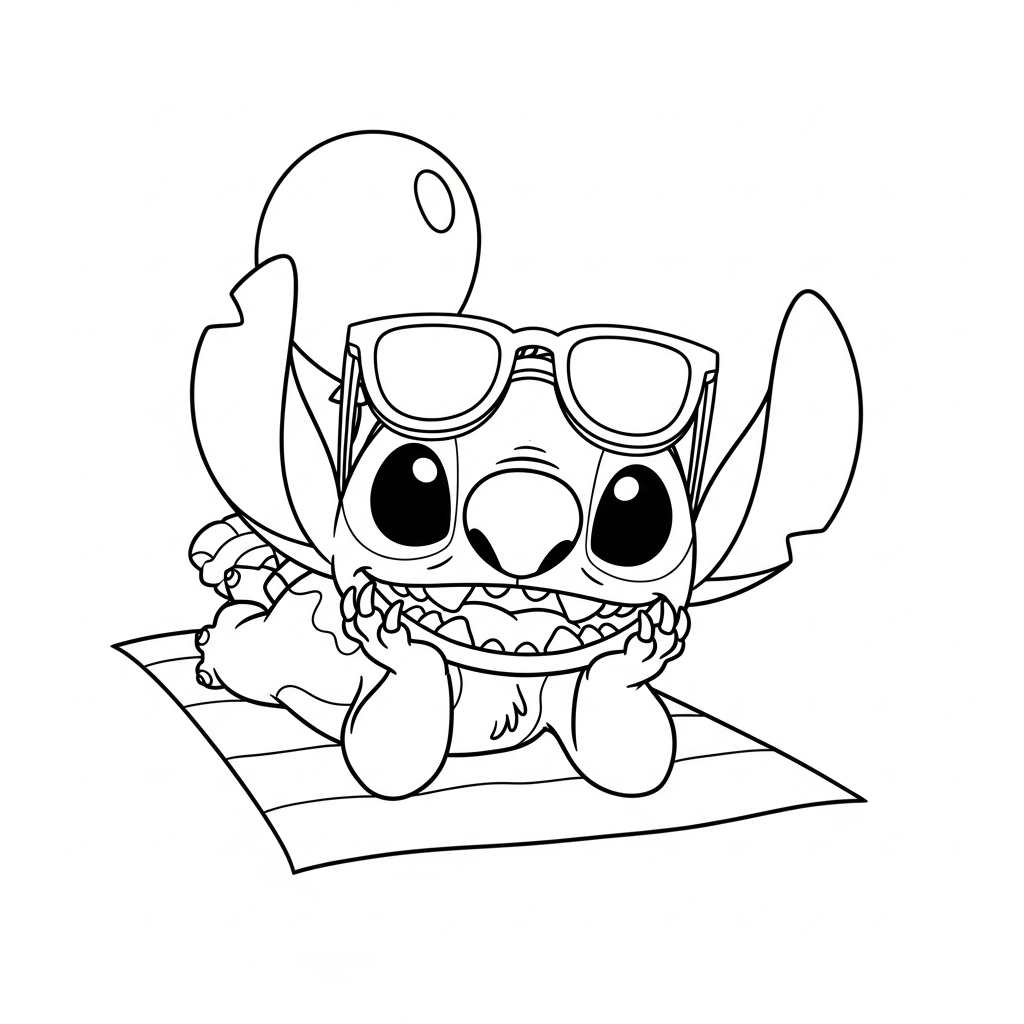 Desenho de Stitch para colorir usando óculos de sol na praia com concha