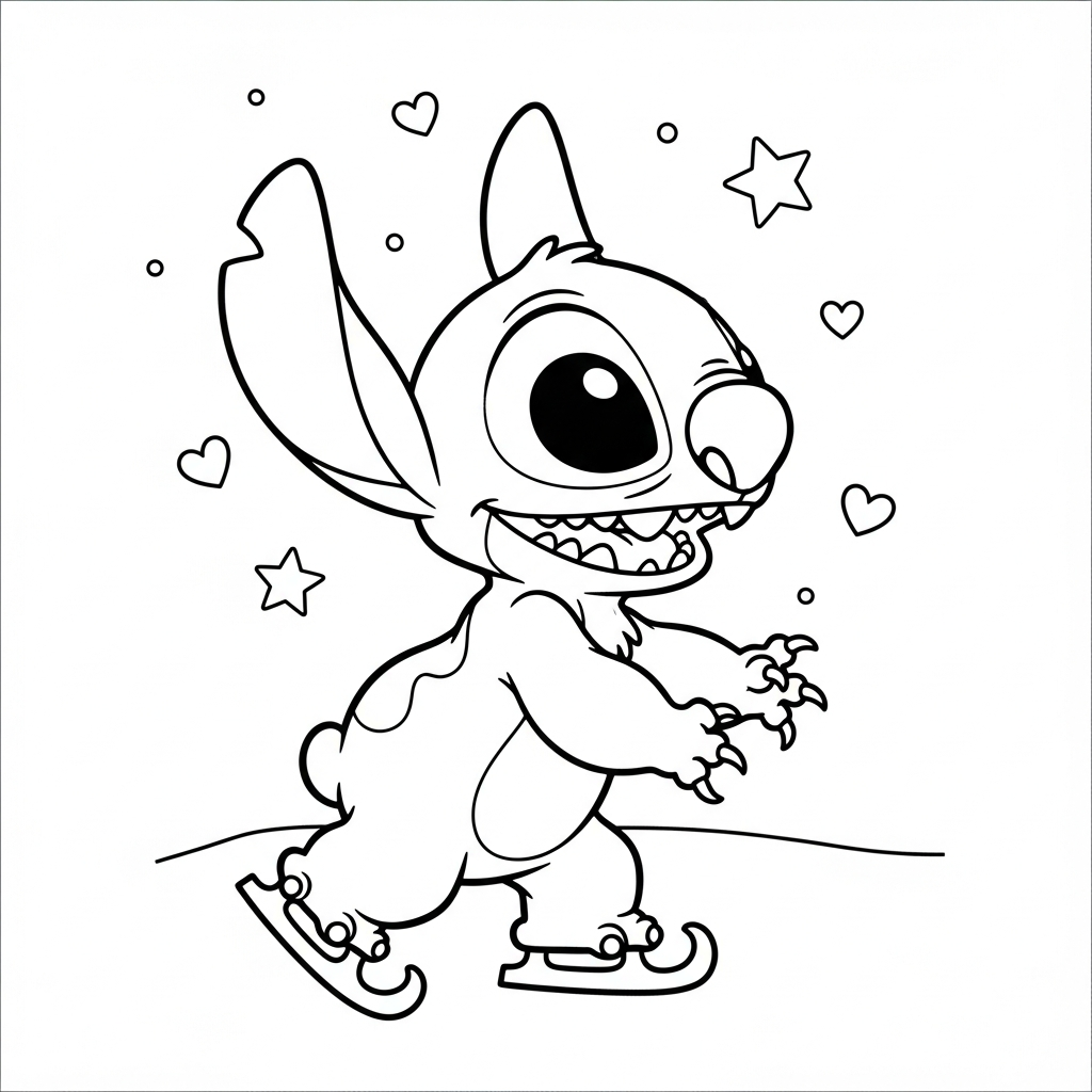 Desenho de Stitch para colorir patinando no gelo com estrelinhas e corações decorativos.