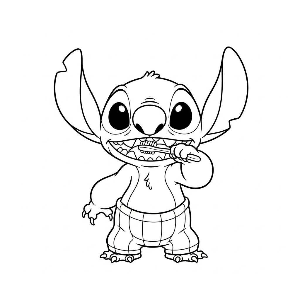 Desenho de Stitch para colorir de pijama escovando os dentes alegremente