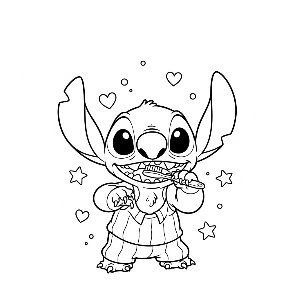 Desenho de Stitch para colorir de pijama escovando os dentes com estrelinhas e corações
