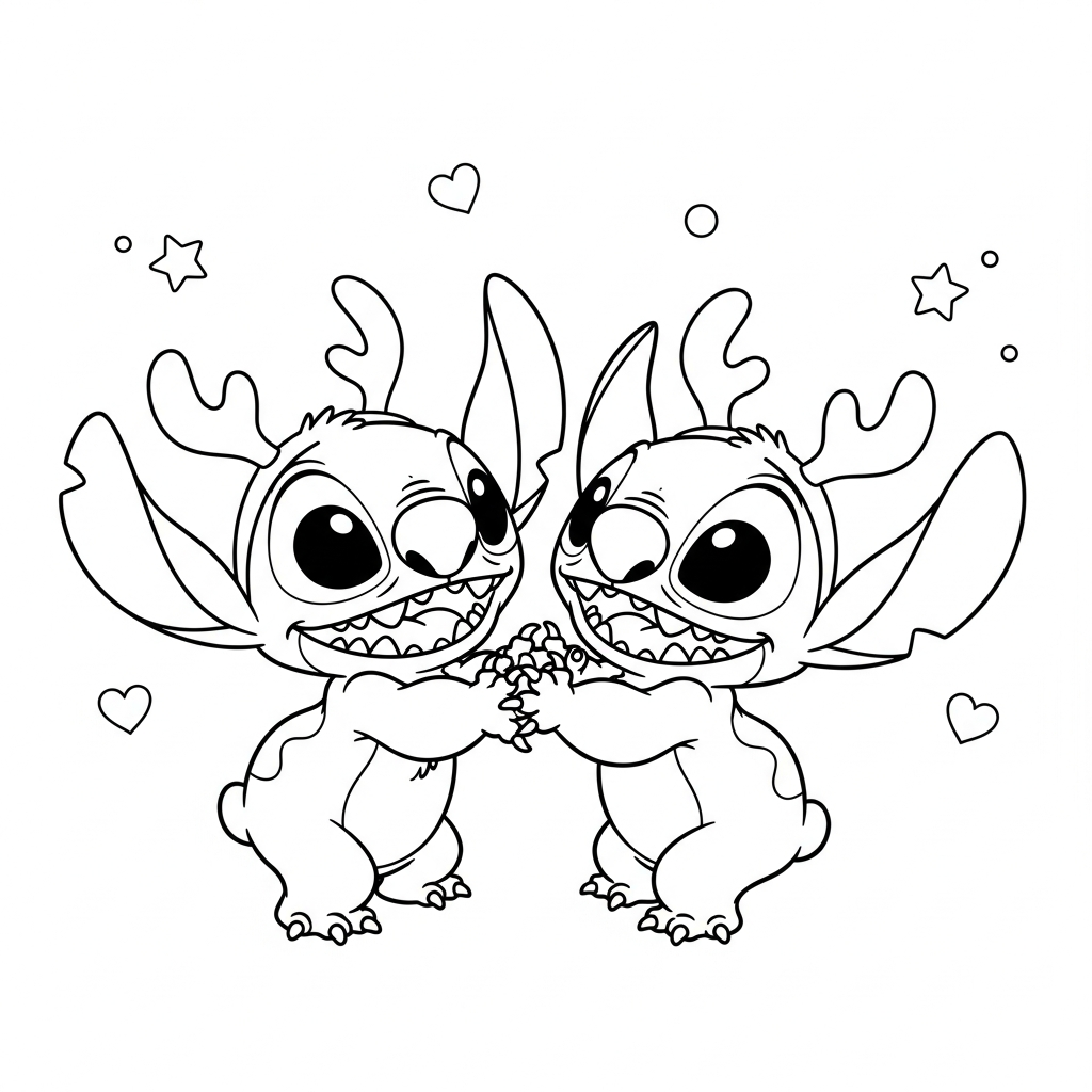 Desenho de Stitch para colorir usando chifres de rena, com estrelinhas e corações.