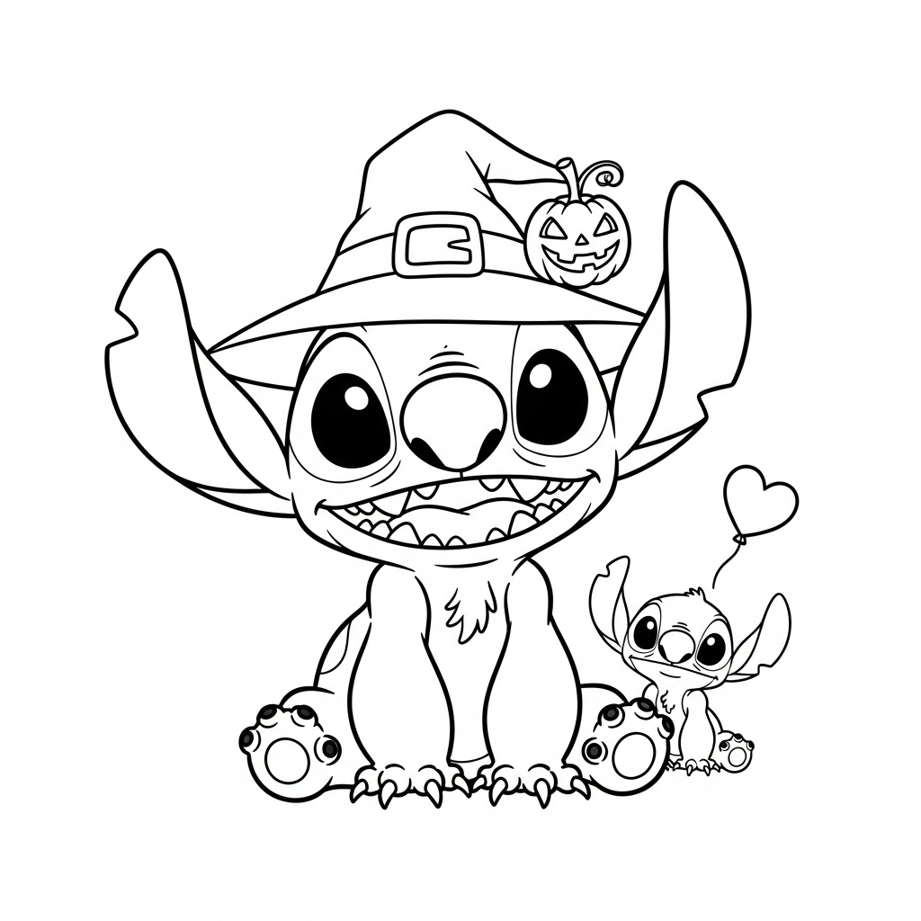 Desenho de Stitch para colorir usando chapéu de bruxa com pequena abóbora.