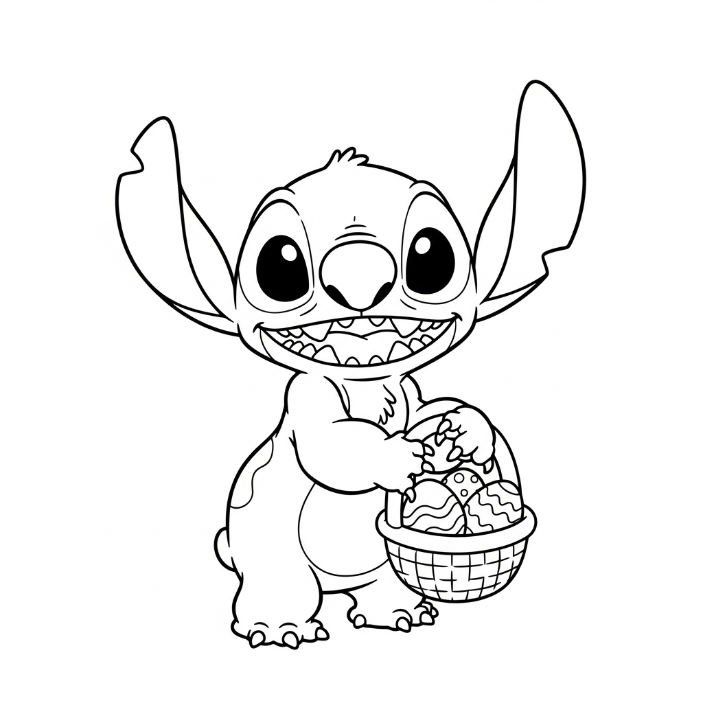 Desenho de Stitch para colorir segurando cesta de Páscoa com ovos