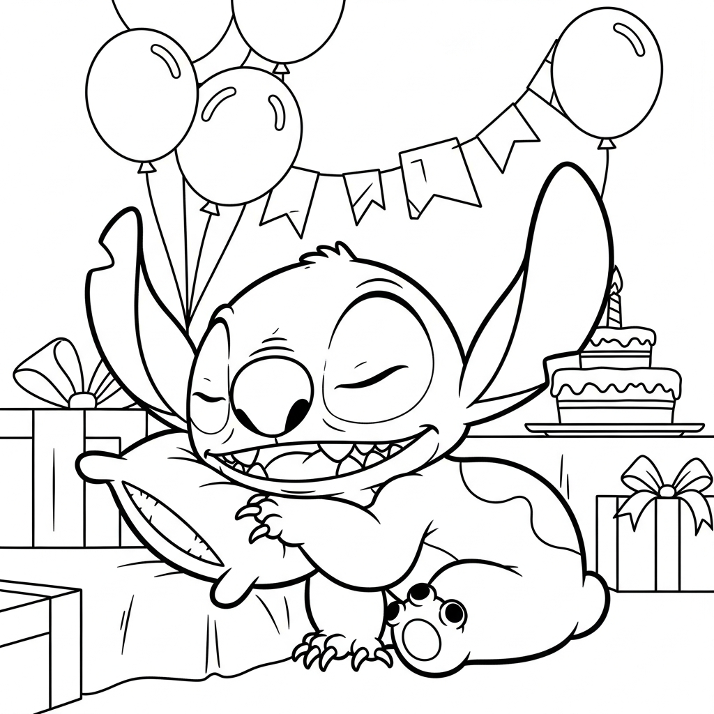 Desenho de Stitch para colorir dormindo com travesseiro em festa de aniversário
