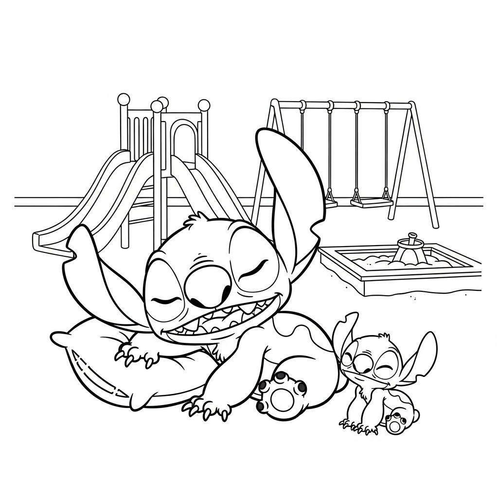 Desenho de Stitch para colorir dormindo com travesseiro no playground com escorregador