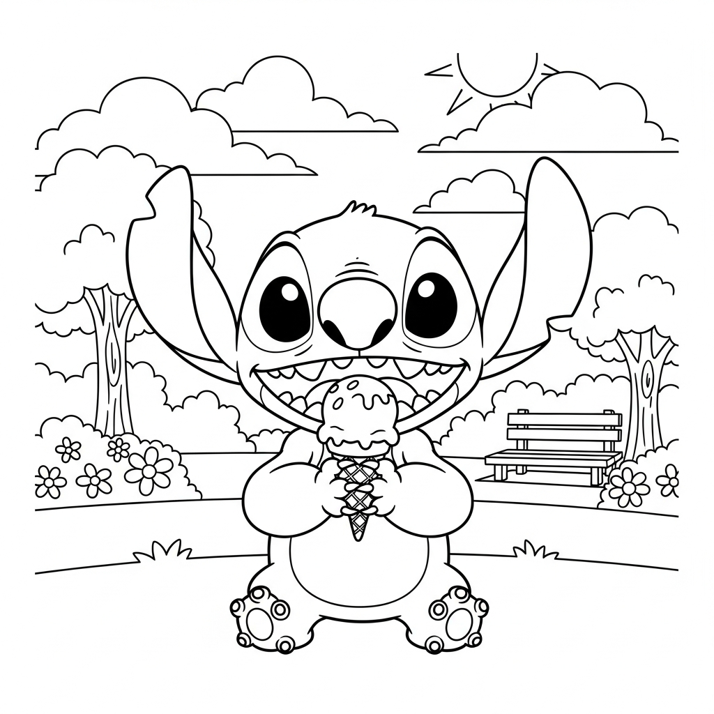Desenho de Stitch para colorir comendo casquinha de sorvete em parque ensolarado com árvores