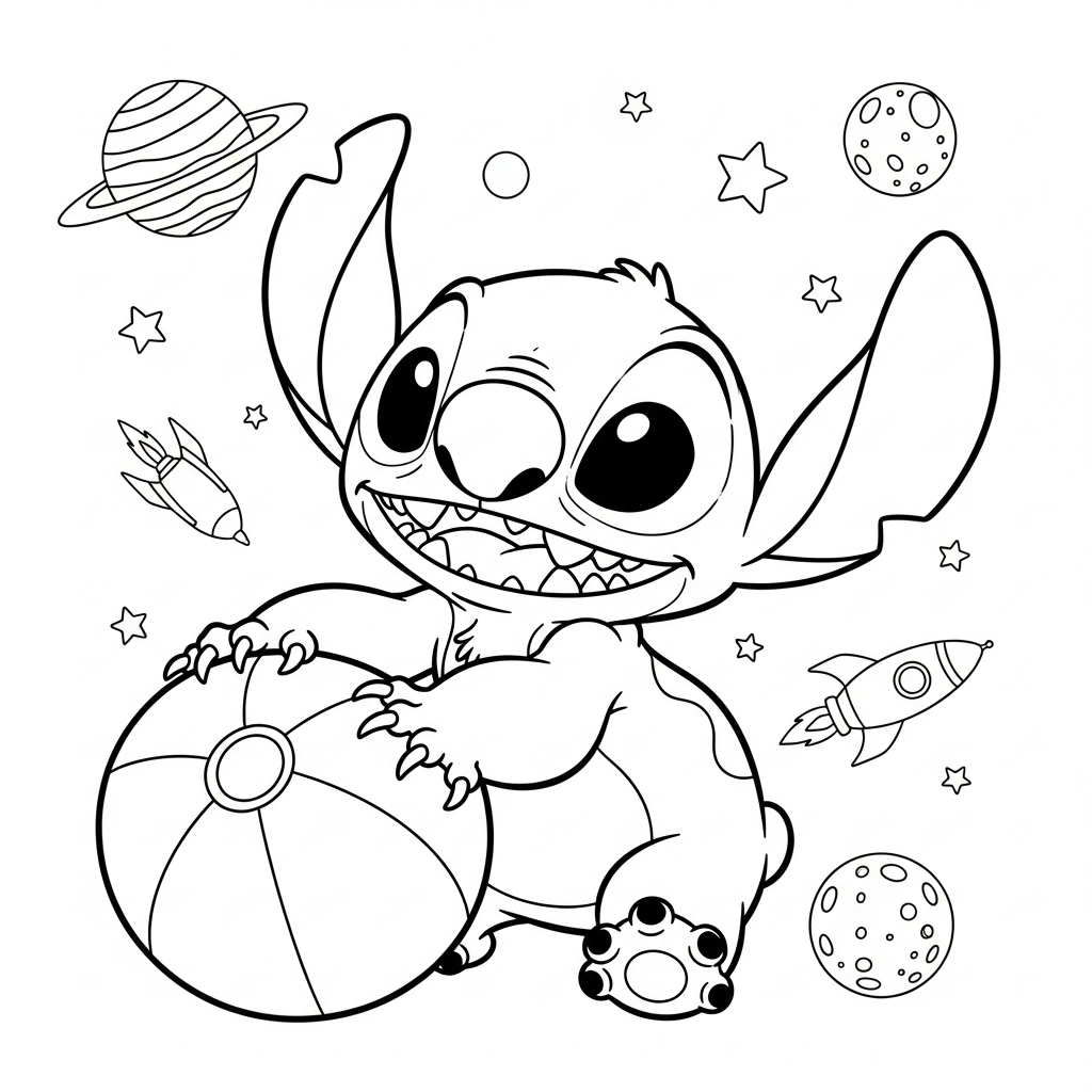 Desenho de Stitch para colorir brincando com bola de praia no espaço.