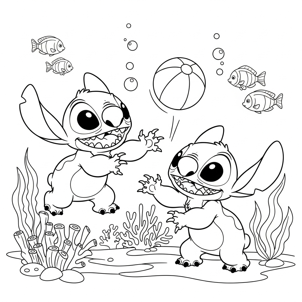 Desenho de Stitch para colorir brincando com bola de praia no fundo do mar.
