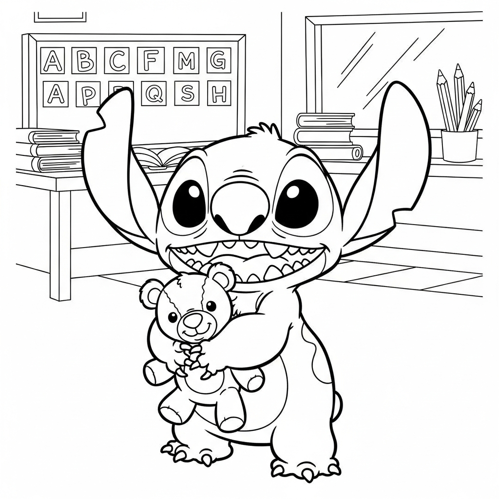 Desenho de Stitch para colorir abraçando ursinho de pelúcia na sala de aula com lousa