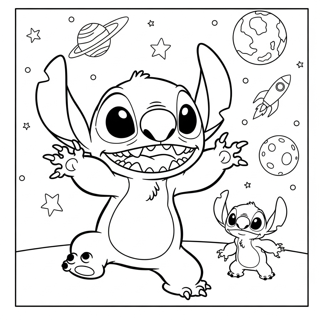 Desenho de Stitch para colorir dançando com braços para cima no espaço.