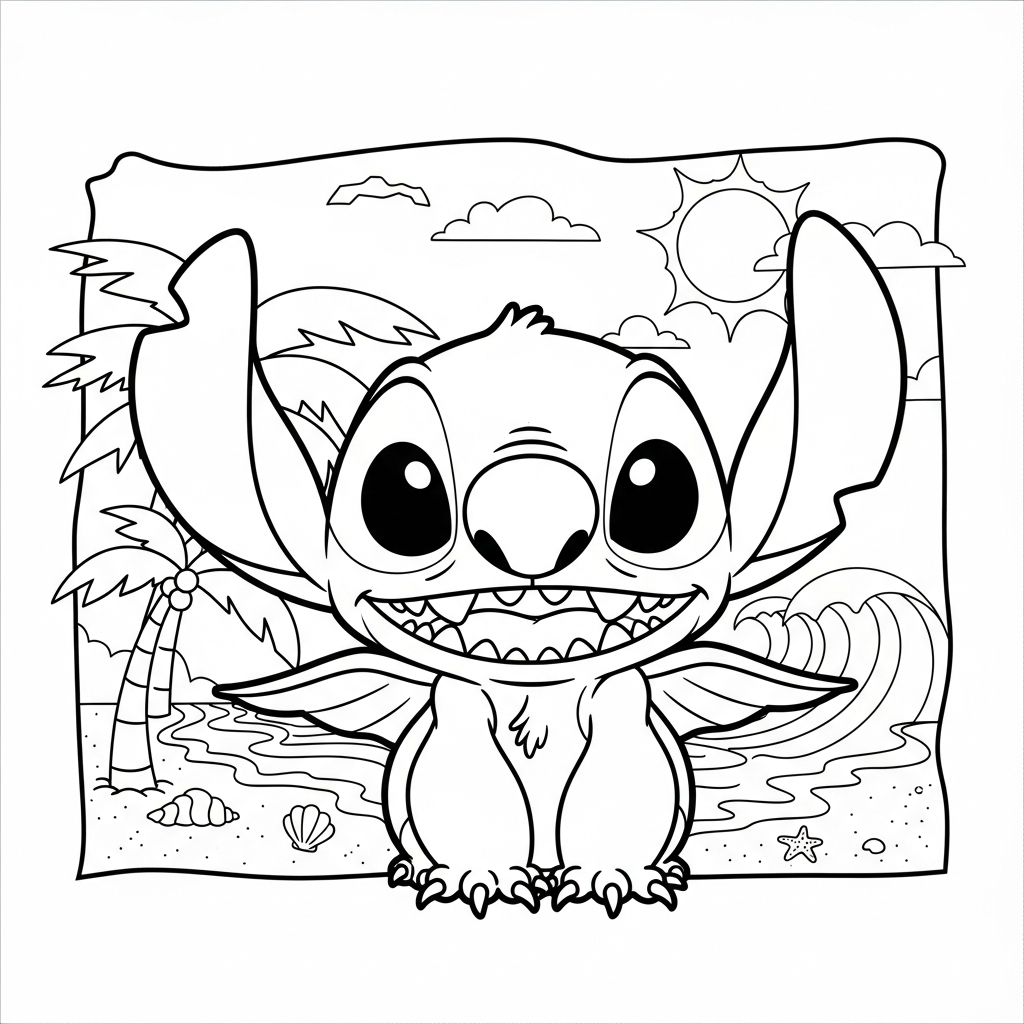 Desenho de Stitch para colorir voando com capa na praia com palmeiras