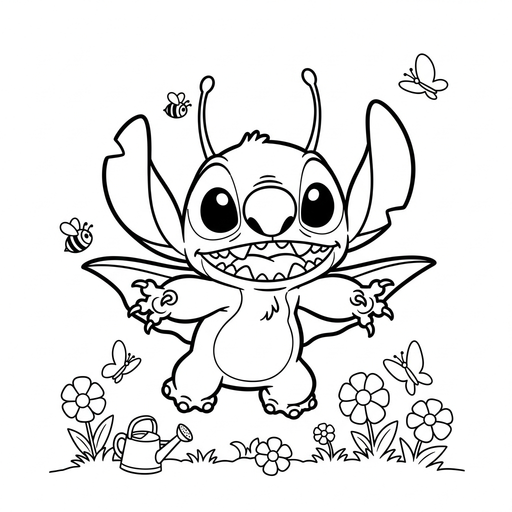 Desenho de Stitch para colorir voando com capa sobre jardim florido e abelhas