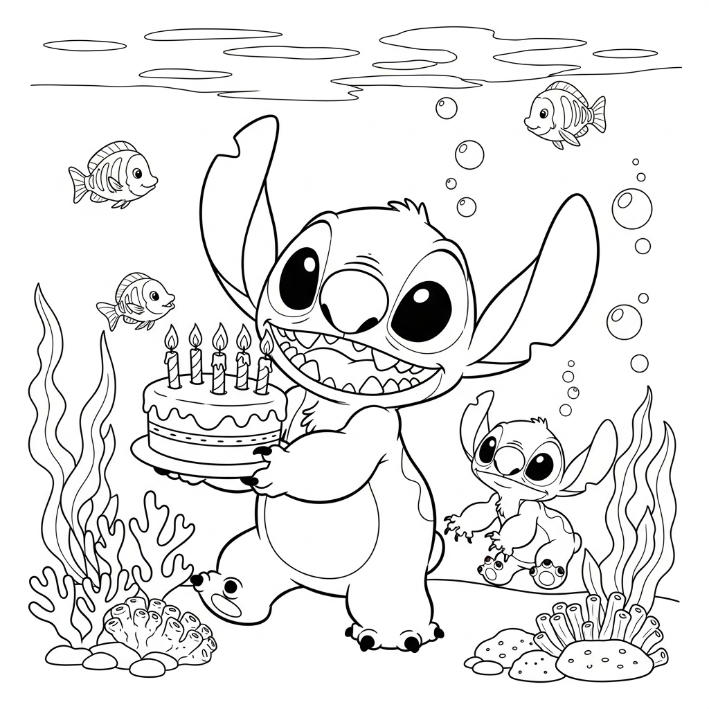 Desenho de Stitch para colorir segurando bolo de aniversário no fundo do mar.