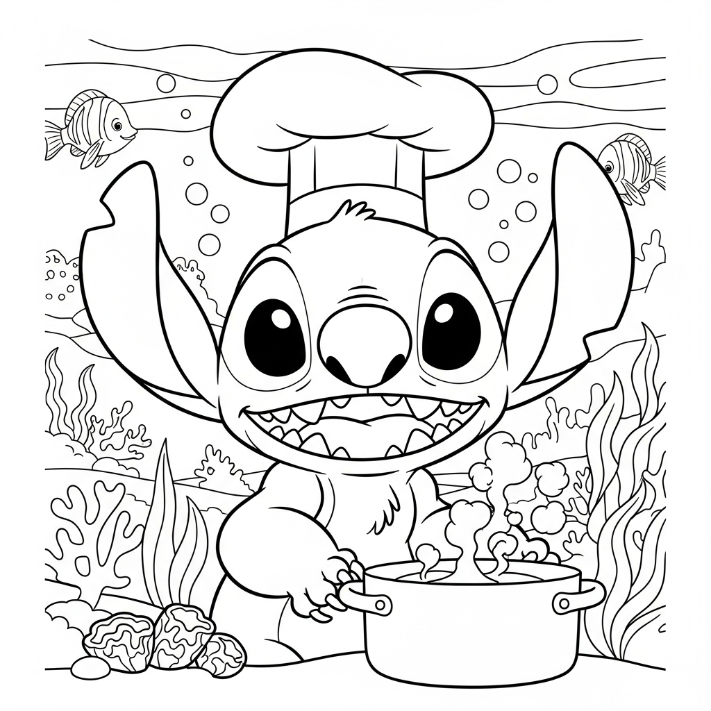 Desenho de Stitch para colorir usando chapéu de chef no fundo do mar.