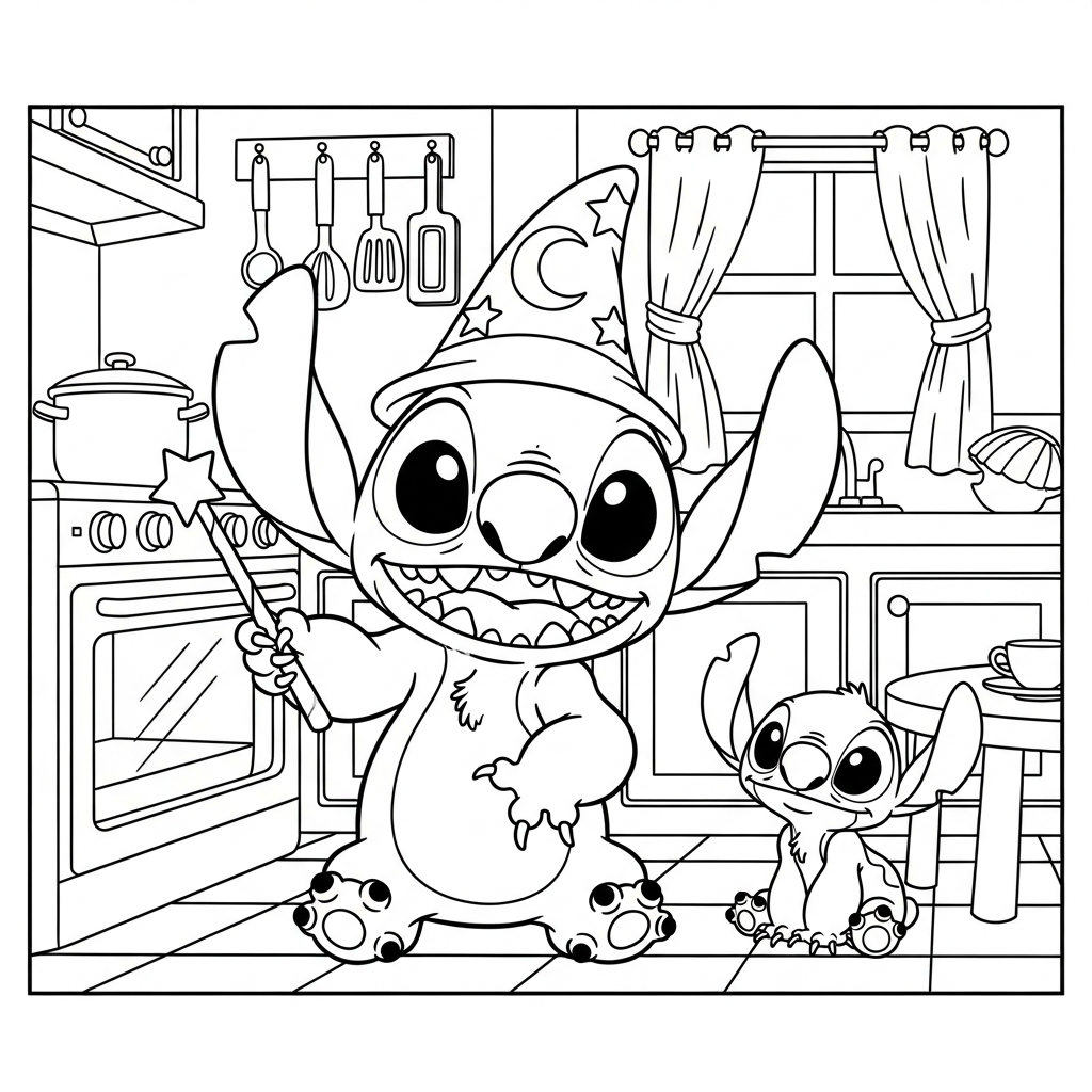 Desenho de Stitch para colorir usando chapéu de mago com varinha na cozinha.