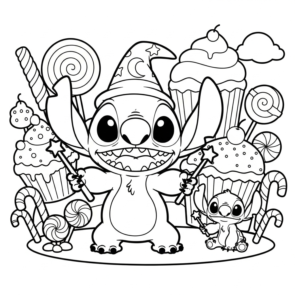 Desenho de Stitch para colorir usando chapéu de mago e varinha na terra dos doces
