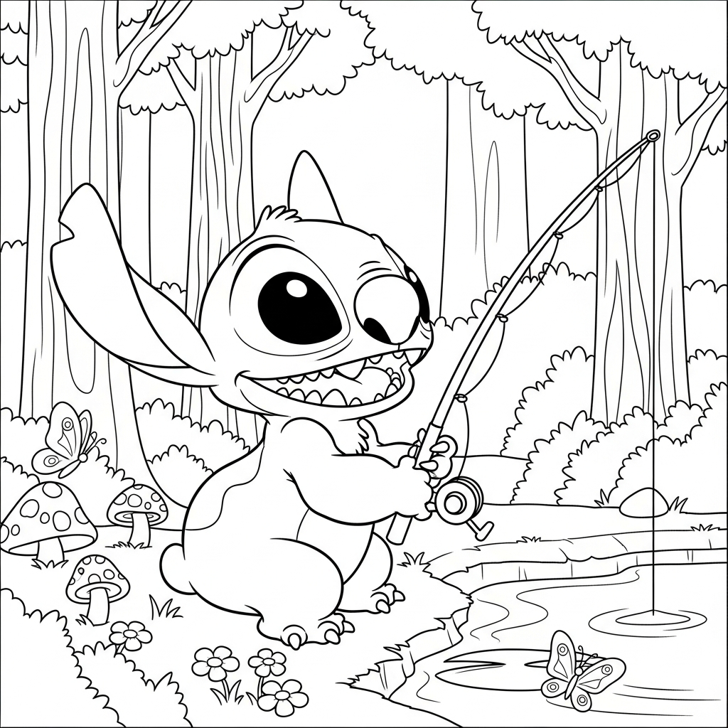 Desenho de Stitch para colorir pescando com vara na floresta com cogumelos e borboletas.