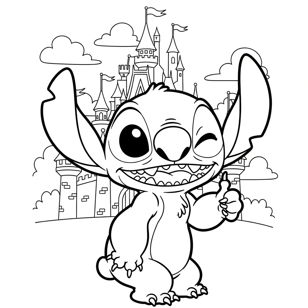 Desenho de Stitch para colorir piscando o olho com joinha no castelo de conto de fadas