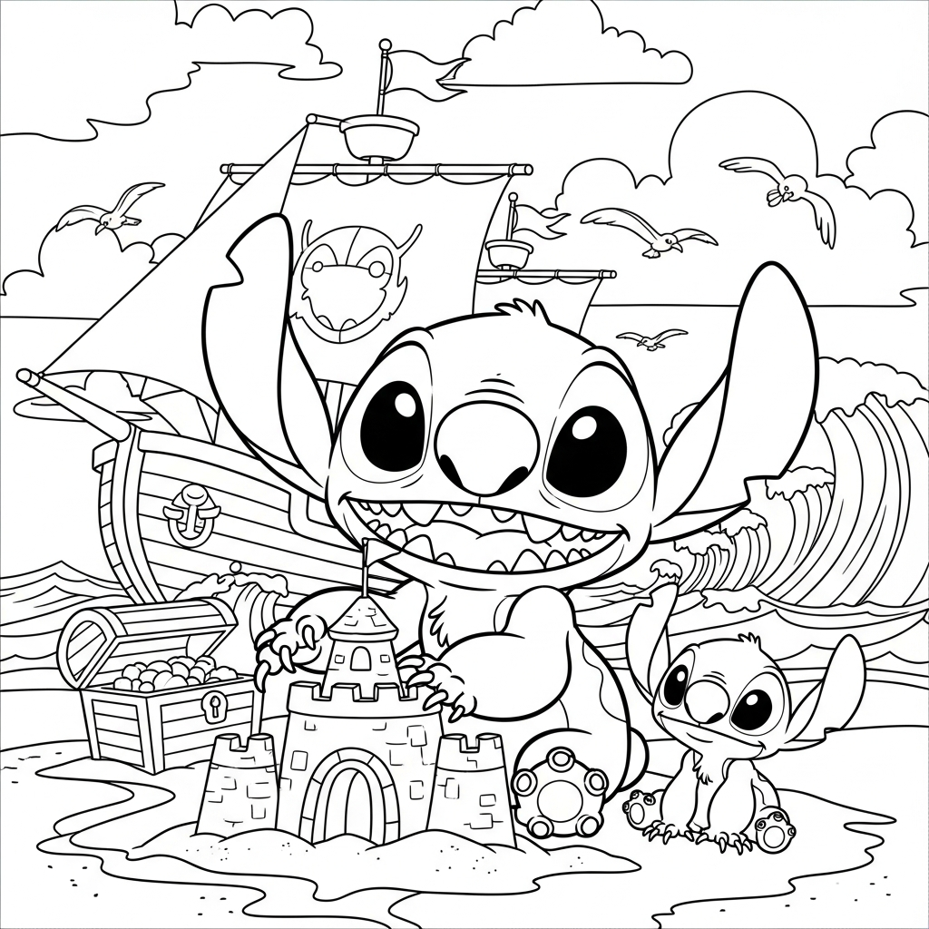 Desenho de Stitch para colorir construindo castelo de areia em navio pirata