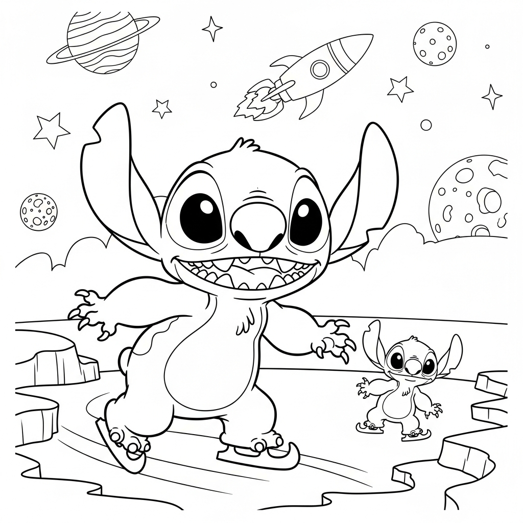 Desenho de Stitch para colorir patinando no gelo entre planetas e foguete