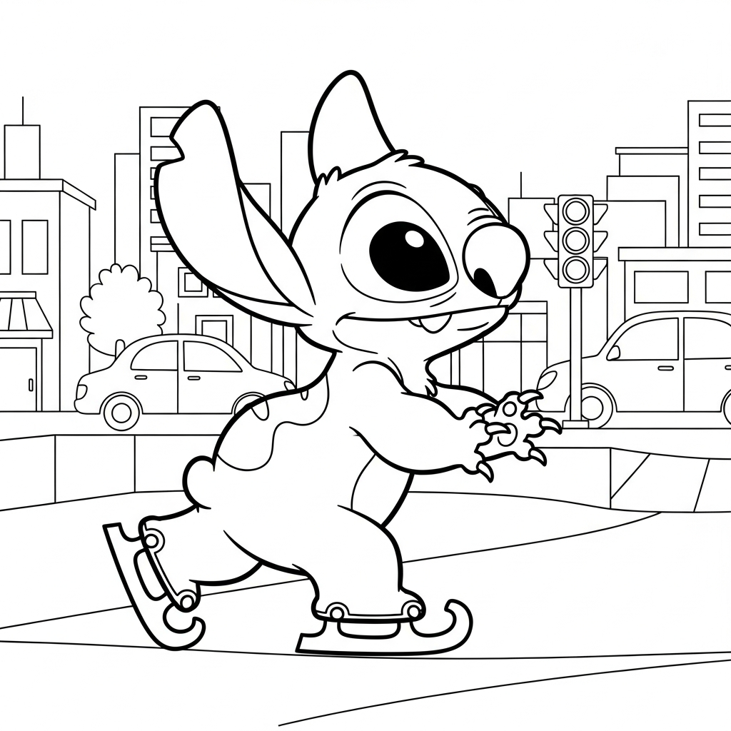 Desenho de Stitch para colorir patinando no gelo em rua da cidade